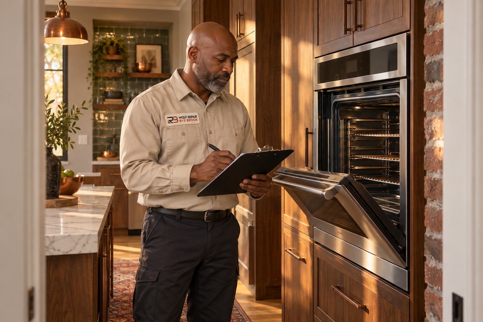 Fictional technician beside a Monogram oven — AI illustration for Wolf Repair Rye Brook