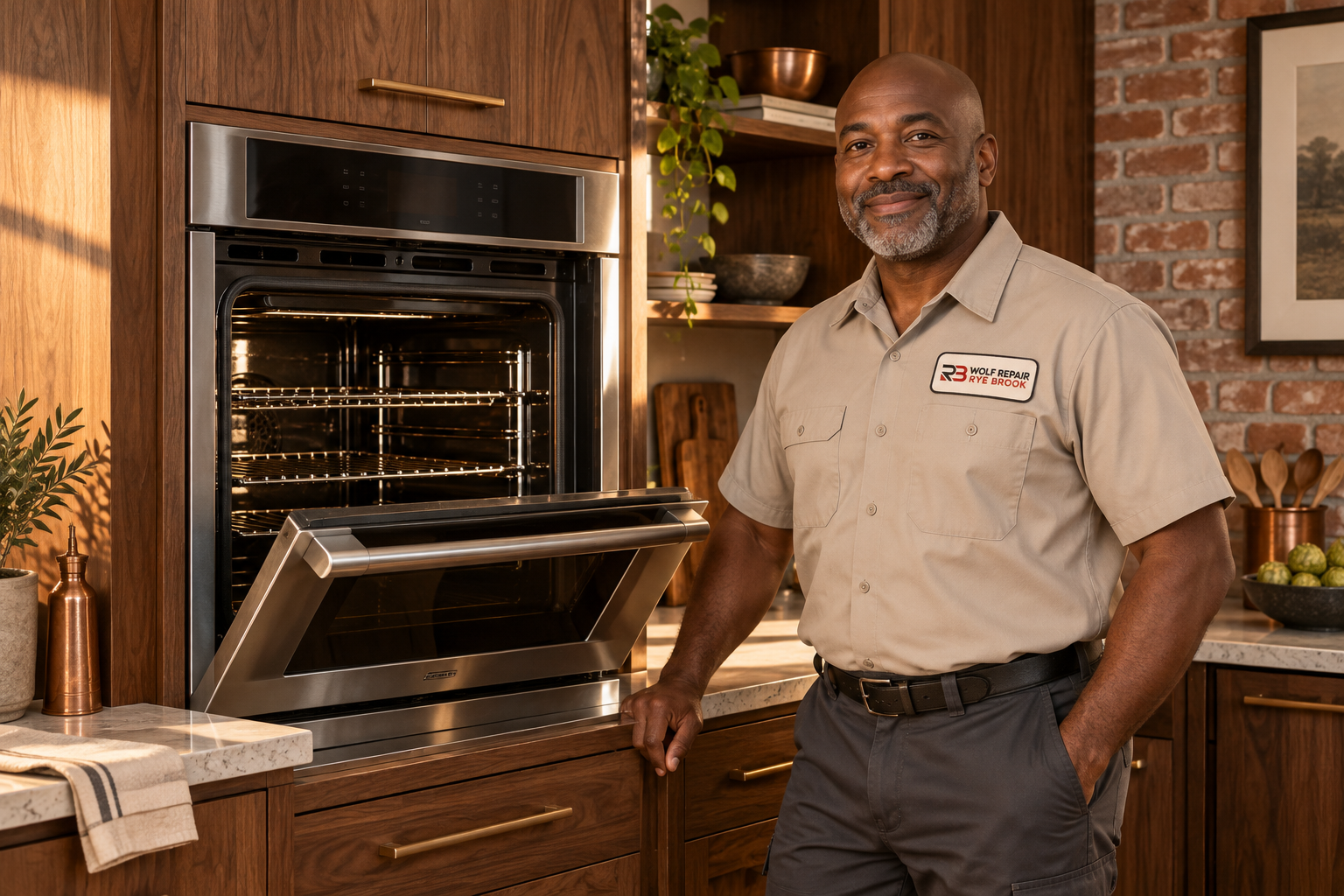 Fictional technician beside a Wolf oven — AI illustration for Wolf Repair Rye Brook