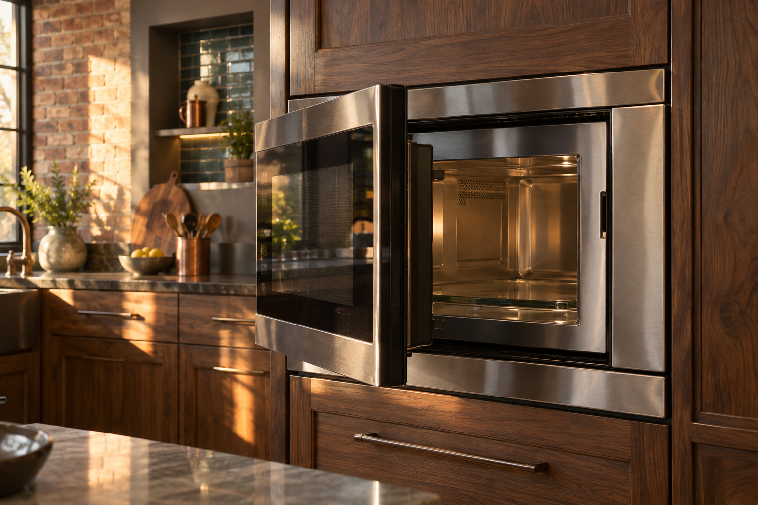 Illustrative Wolf microwave in a residential kitchen — AI image for Wolf Repair Rye Brook