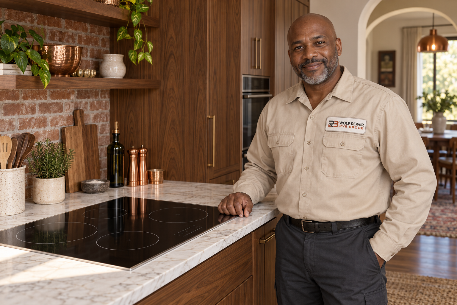 Fictional technician beside a Thermador cooktop — AI illustration for Wolf Repair Rye Brook