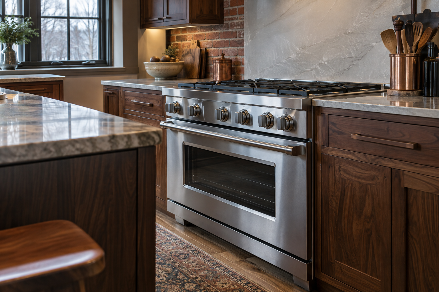 Illustrative Wolf range in a residential kitchen — AI image for Wolf Repair Rye Brook