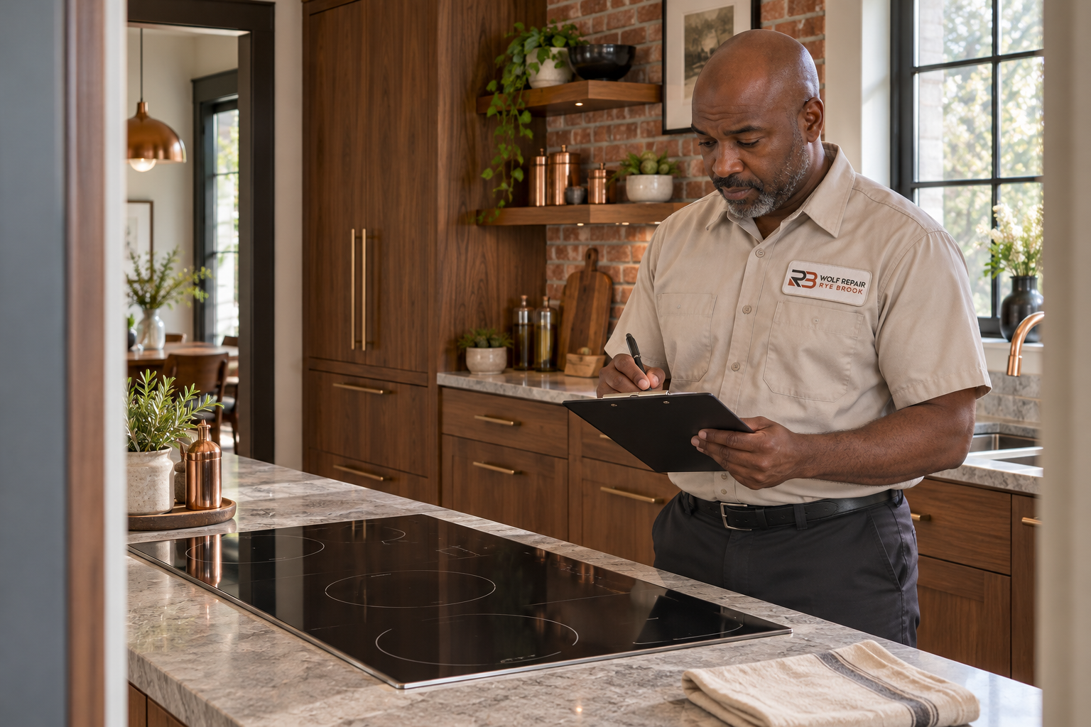Fictional technician beside a Monogram cooktop — AI illustration for Wolf Repair Rye Brook