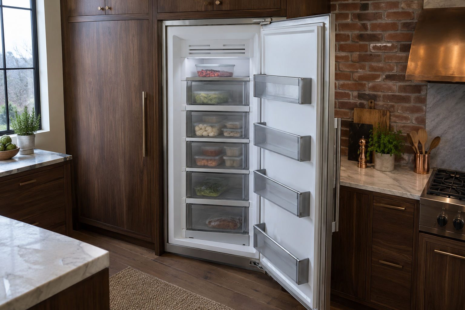 Illustrative Monogram freezer in a residential kitchen — AI image for Wolf Repair Rye Brook