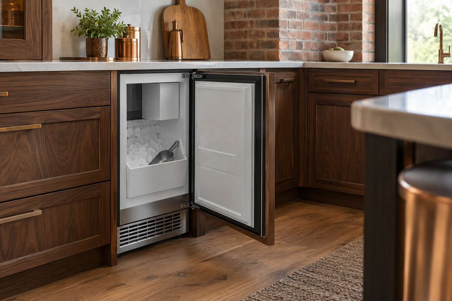 Illustrative Monogram ice maker in a residential kitchen — AI image for Wolf Repair Rye Brook