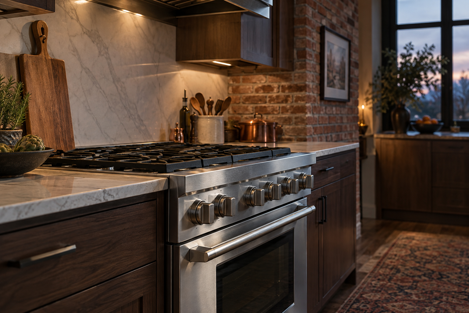 Illustrative Monogram range in a residential kitchen — AI image for Wolf Repair Rye Brook