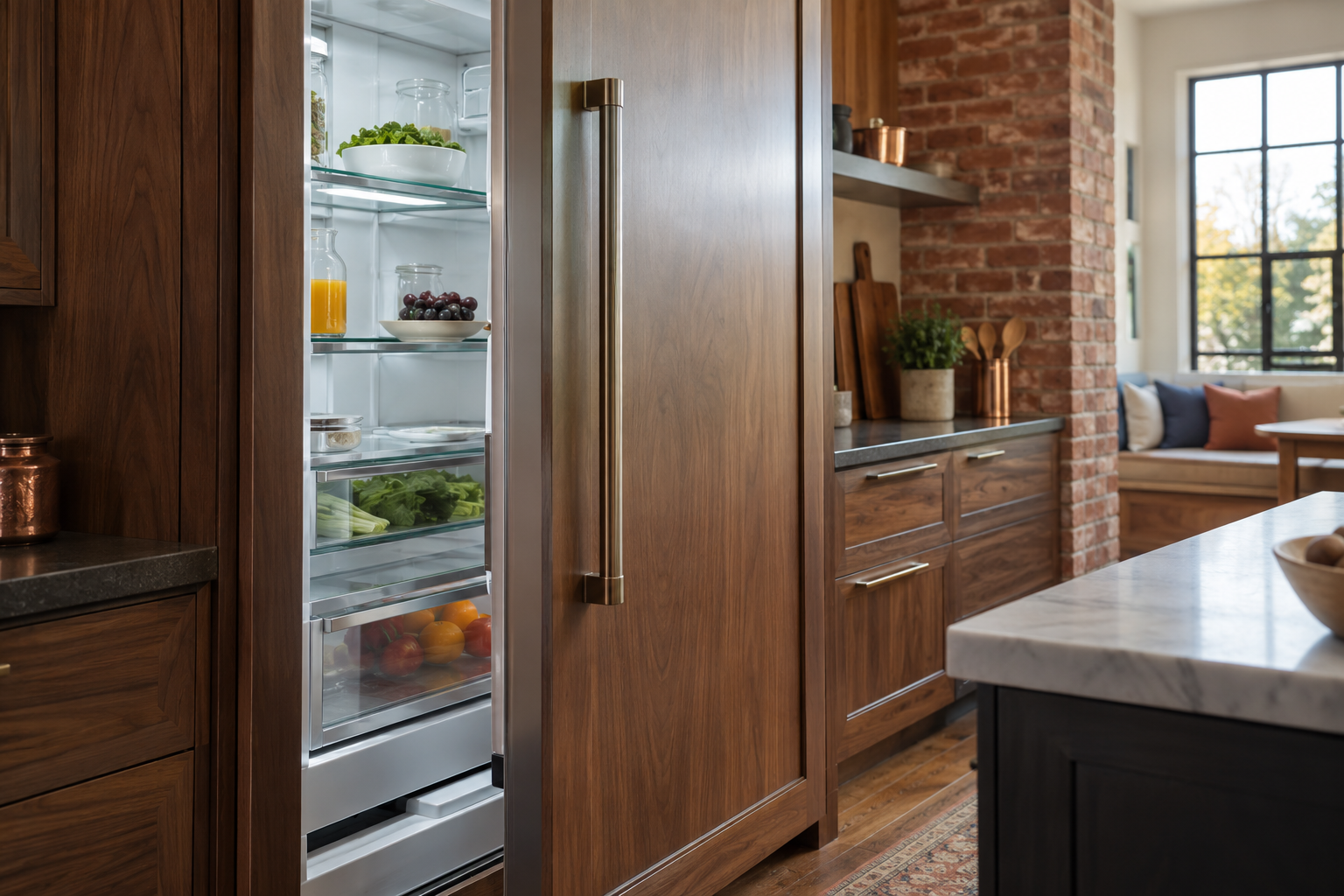 Illustrative Monogram refrigerator in a residential kitchen — AI image for Wolf Repair Rye Brook