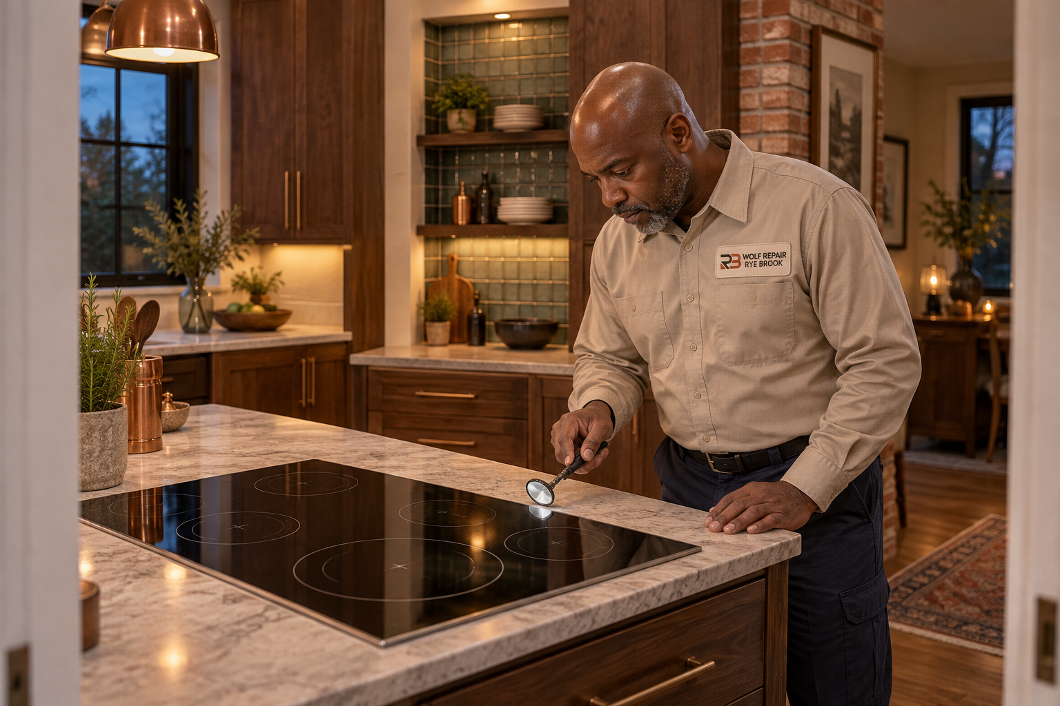 Fictional technician beside a Thermador cooktop — AI illustration for Wolf Repair Rye Brook
