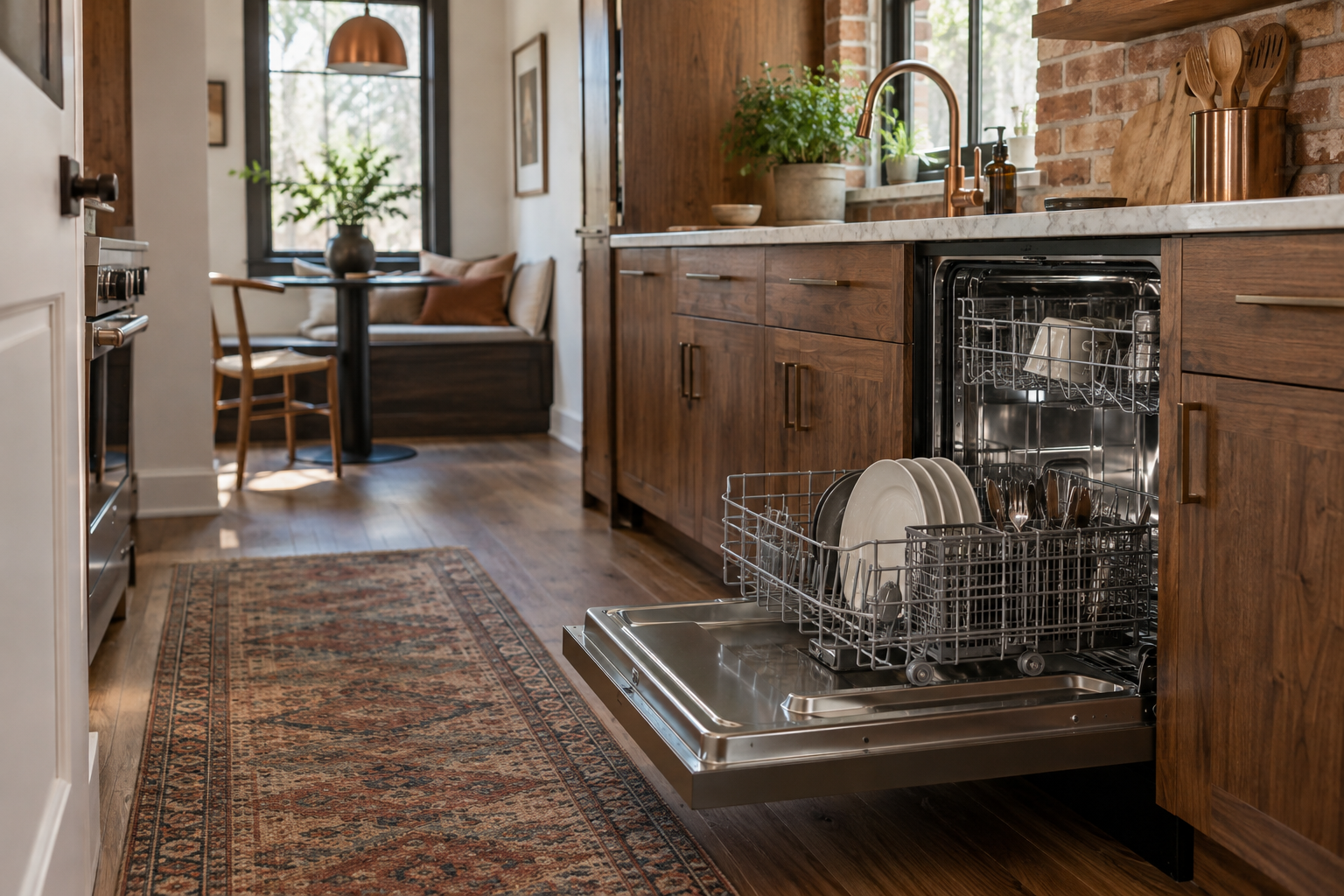 Illustrative Thermador dishwasher in a residential kitchen — AI image for Wolf Repair Rye Brook