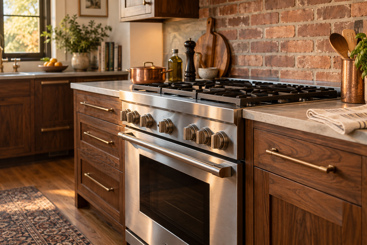 Illustrative Thermador range in a residential kitchen — AI image for Wolf Repair Rye Brook