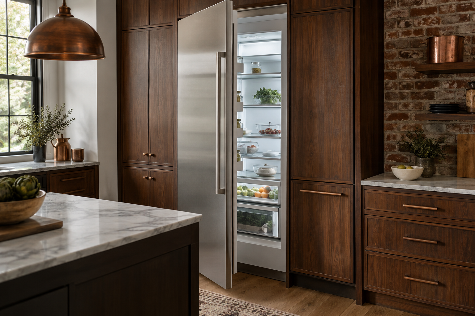 Illustrative Thermador refrigerator in a residential kitchen — AI image for Wolf Repair Rye Brook