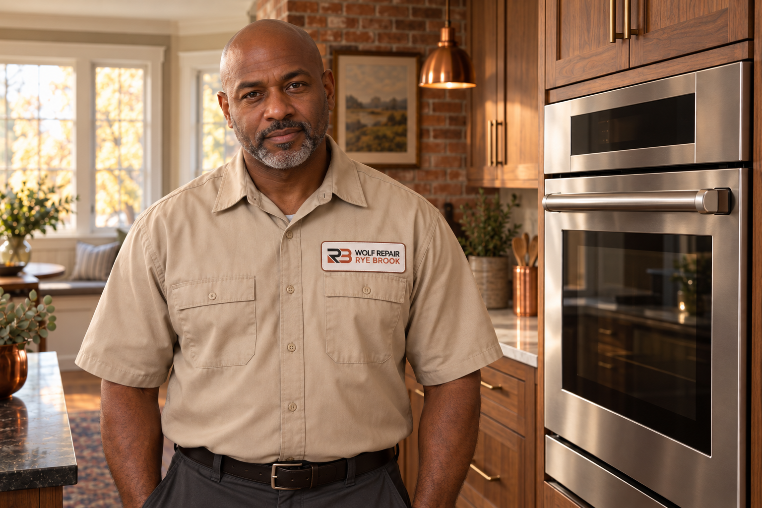 Fictional technician beside a Wolf oven — AI illustration for Wolf Repair Rye Brook